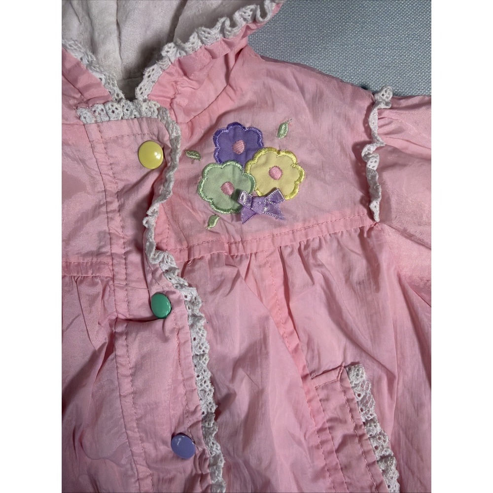 Vintage Baby Girl Jacket 24M Nylon Hooded Windbreaker Snaps Pink Flowers Lace